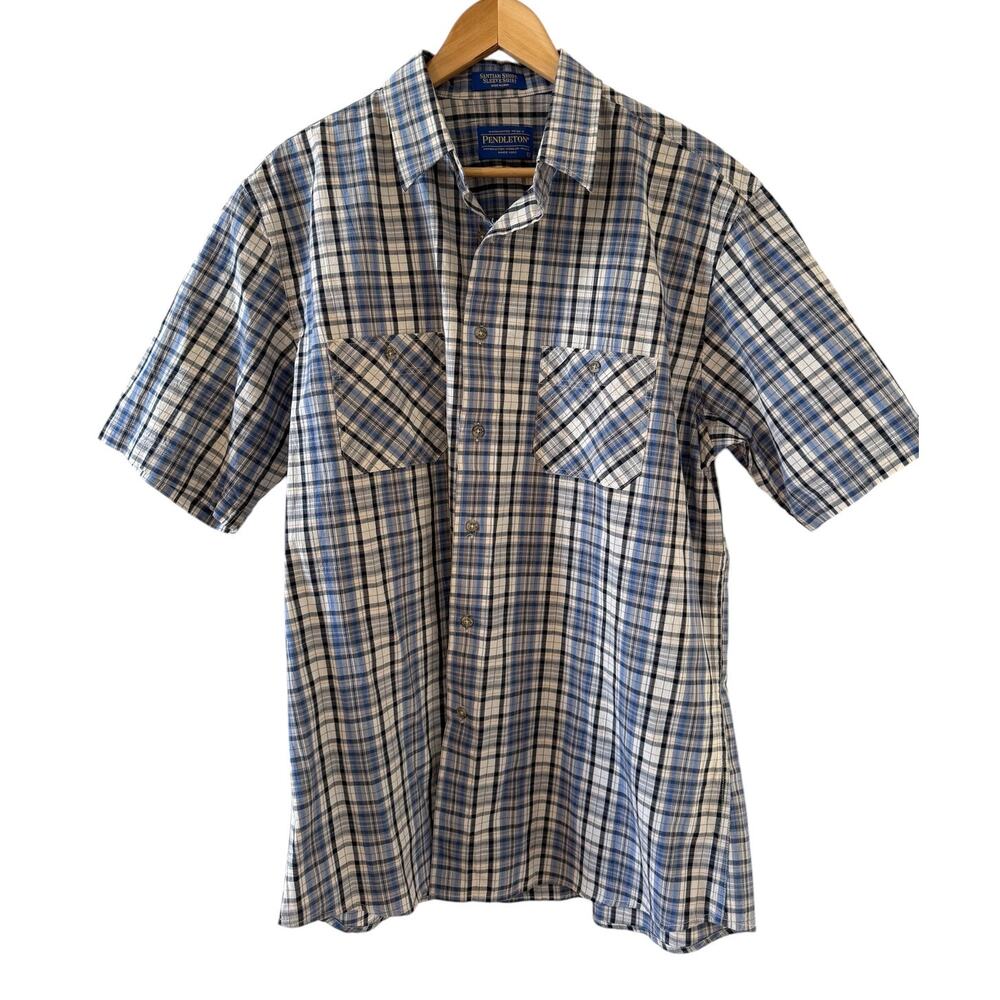 Pendleton Santiam Short Sleeve Button Front Shirt Blue Plaid L